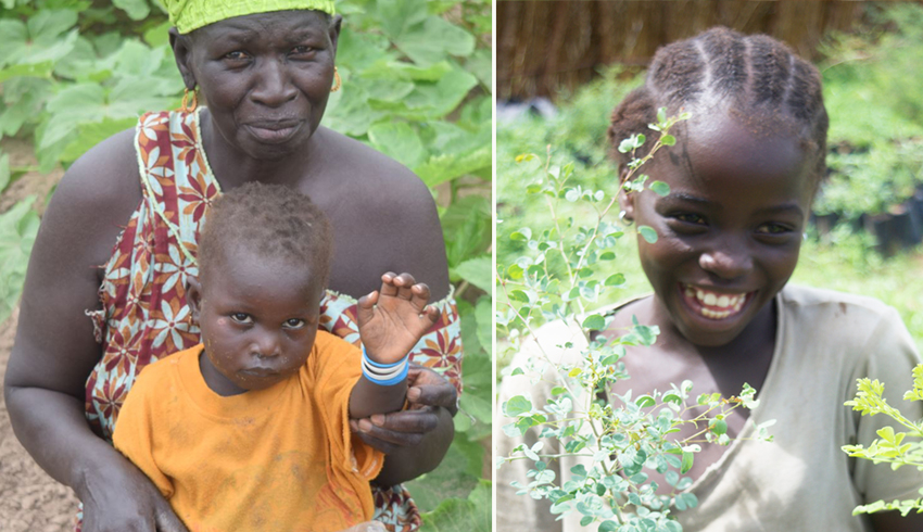 A woman and child displayed next to a photo of a young girl in Senegal, Africa. 